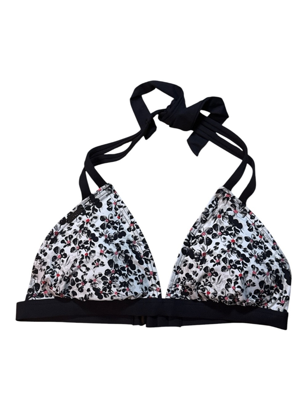 LOLE Floral Triangle Bikini Top in Black, White with Pink Accents Size Small NWT